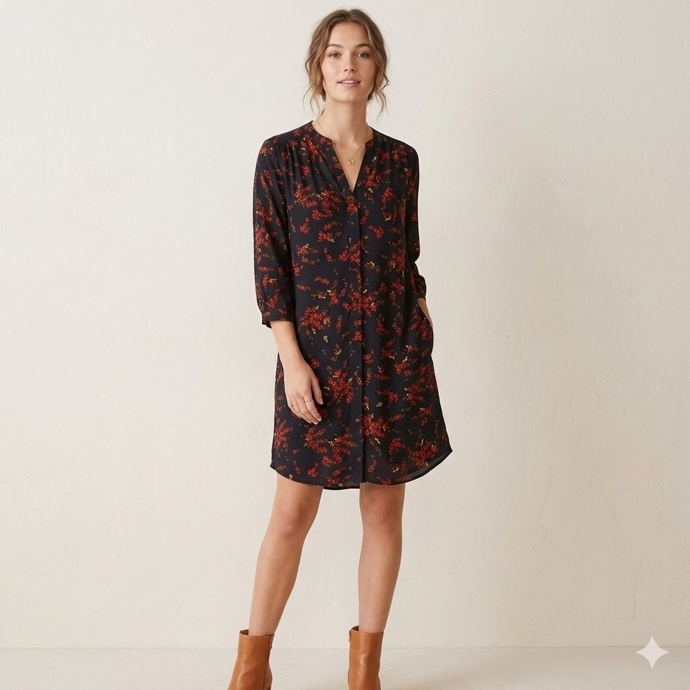 Hobbs New Size 2 Black Red Katarina Floral Berry Tunic Dress Pockets 3/4 Sleeves